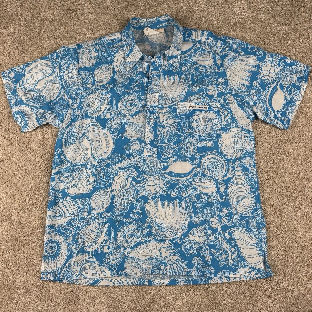 Key West Camouflage Vintage Hawaiian Shirt Hand Print USA VTG Medium Floral 80s